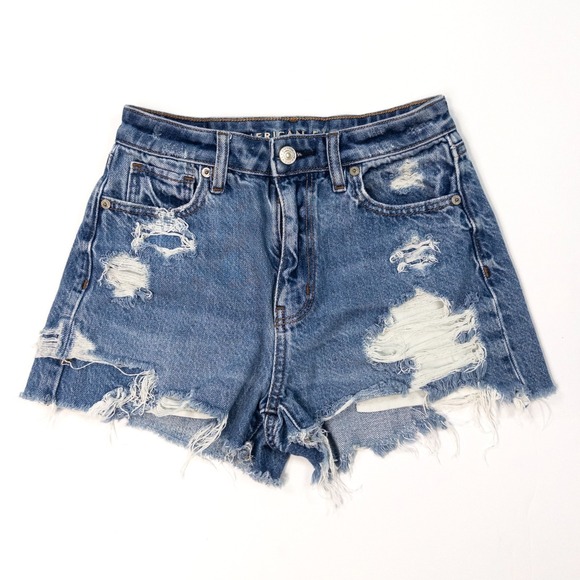American Eagle High Rise Mom Shorts Womens Size 00 Curvy Fit Distressed Denim - Picture 1 of 9